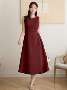 DAZY Vestido midi plisado sin mangas de color liso para mujer, vestido de verano
