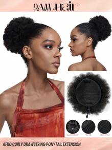 1pc Drawstring Ponytail Kinky Curly 1B Natural Black Color Remy Natural Black Color Human Hair Extension Puff Bun For Women Hair Extensions