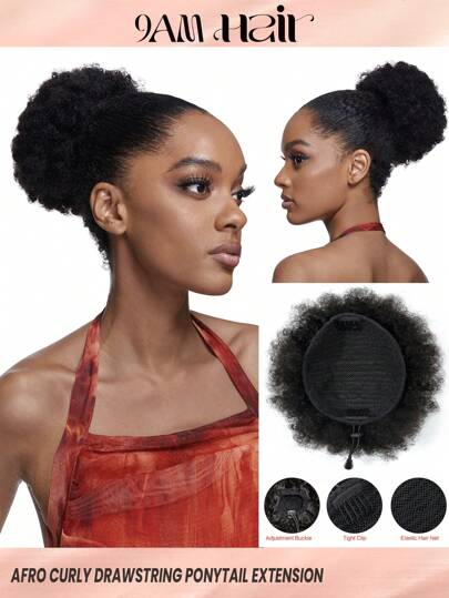 1pc Drawstring Ponytail Kinky Curly 1B Natural Black Color Remy Natural Black Color Human Hair Extension Puff Bun For Women Hair Extensions