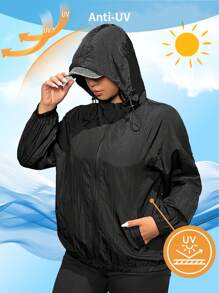 SHEIN EZwear Chaqueta con capucha y cordón de ajuste en talla grande, de estilo casual con cremallera