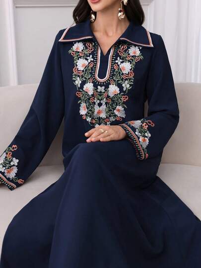 Al Najma 女士花卉刺绣宽松优雅长袖阿巴亚连衣裙，端庄的长袍