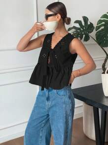 Serisse Women's Solid Color Embroidered Front Tie Sleeveless Shirt Chic Black Summer Casual - Black - View 5