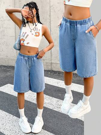 SHEIN Teenager Mädchen Frühling Sommer Break Casual elastischer Bund Weite Soft Denim Lang Jeans Shorts, Mädchen Sommer Strand Boho Urlaub Konzert Rave Outfits