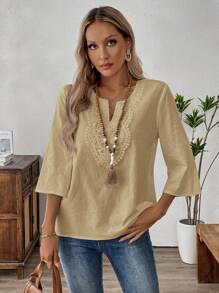 EMERY ROSE Solid Color Short Sleeve V-Neck Simple Fashionable Shirt, Suitable For Summer Cotton - Khaki - View 7