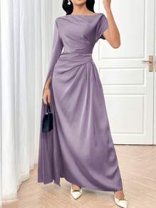Modelyn Gaun Malam Panjang Wanita Warna Polos Asimetris dengan Rumbai Elegan Warna Biru - Dusty Purple - View 3
