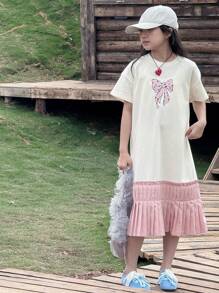 DAZY Tween Girl' Round Neck Knitted Short Sleeve Dress With Bow And Graphic Print, Summer,Back To School Clothes - White - View 2
