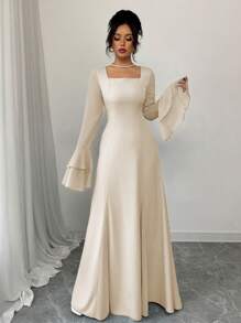 Rafferiza Blue Square Neck Layered Ruffle Sleeve Dress For Women Fall Cloth For Women - Apricot - View 6