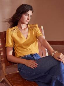 MOTF PREMIUM CAMISETA DE ENCAJE GUIPUR DE CONTRASTE - Amarillo - Ver 1