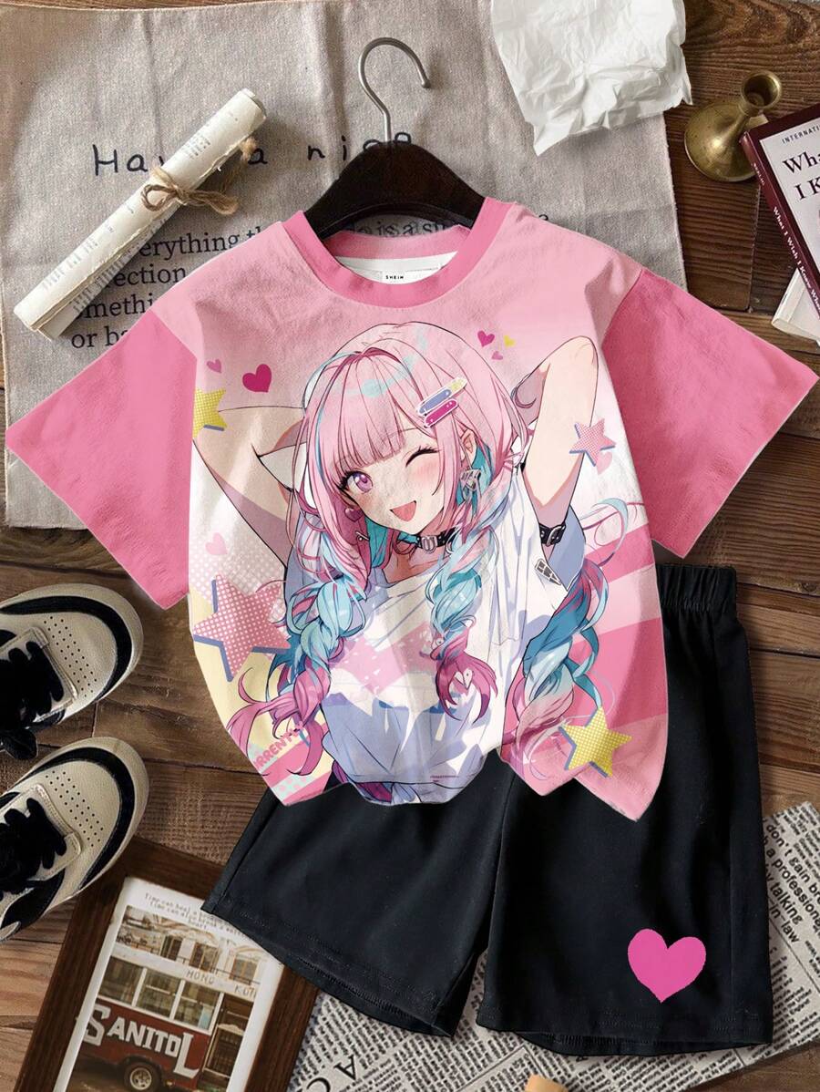 SHEIN 2 件套可爱卡通女孩印花短袖上衣和短裤套装，适合少女的休闲夏季服装 - 彩色 - 查看 1