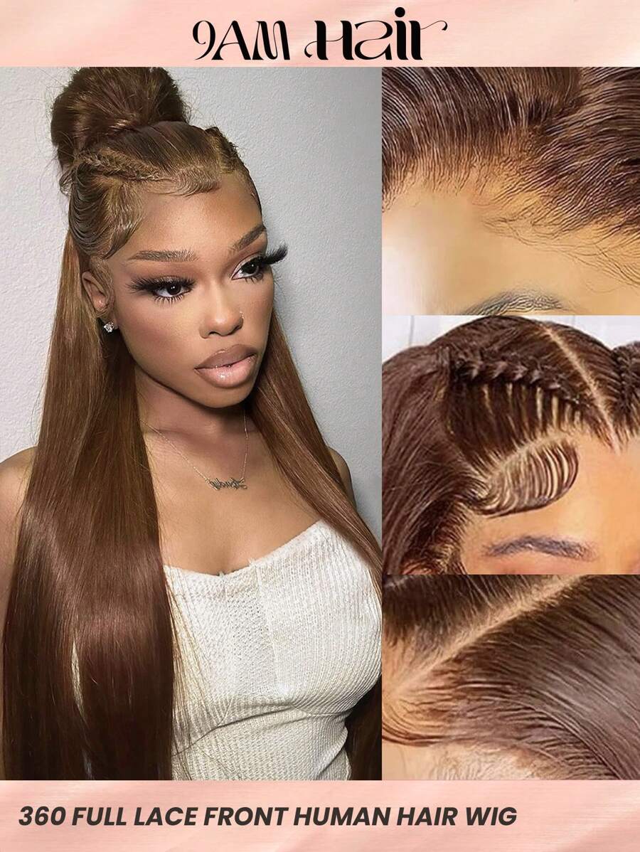 巧克力啡色360無縫蕾絲前套真人直髮假髮22-28英寸時尚透明蕾絲前馬尾假髮帶嬰兒頭 - S2 - 查看 1