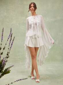 L'Amorae Sheer Maxi Sleeve Ruffle Detail Peplum Waist Top - Beige - View 3