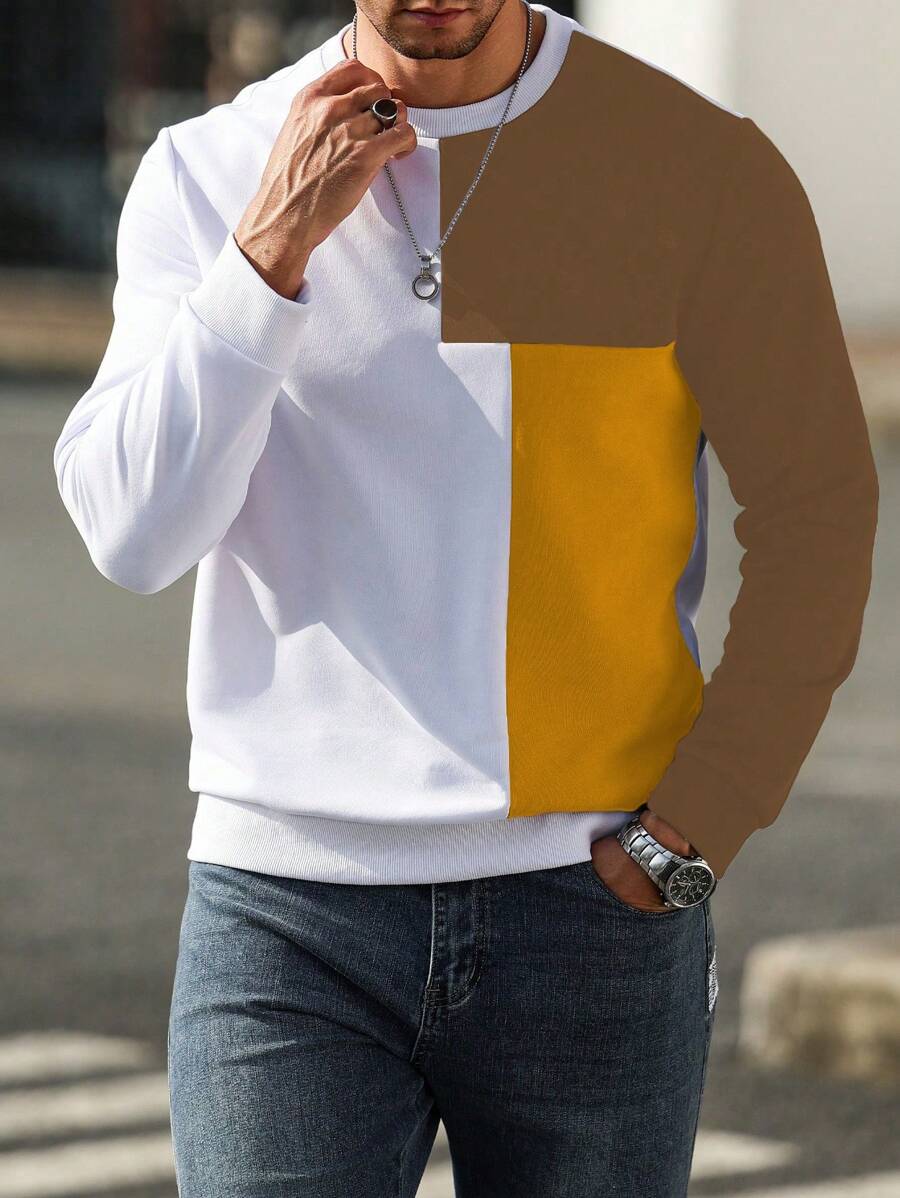 Manfinity Homme Men's Casual Contrast Color Block Round Neck Sweatshirt Men Color Block Top - Khaki - View 1