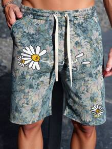 Manfinity Homme Manfinity EMRG 男士新款花卉印花休闲宽松百慕大短裤，美国时尚街头服饰，男士花卉印花休闲夏季短裤图案图形多彩外出