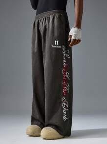 NEON BLANC Men's Loose Fit Long Printed Wide-Leg Sweatpants, Fashionable Streetwear Style - Black - View 2