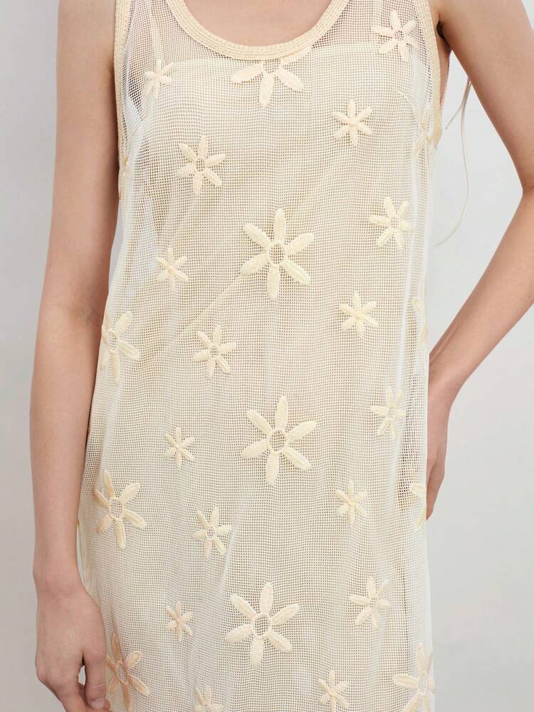 SHEIN Maija Solid Color Round Neck Embroidered Sleeveless Casual Dress