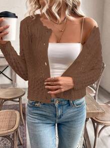 EMERY ROSE Women's Round Neck Hollow Front Button Cardigan Knitted Sweater Jacket, Autumn/Winter Fall Cloth For Women - Coffee Brown - View 4