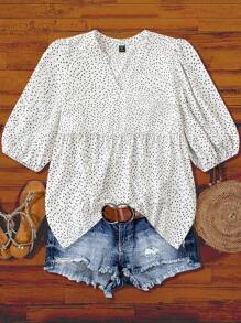 Linhara Áo cánh voan chấm bi in họa tiết chấm bi thanh lịch cổ chữ V rộng rãi xếp nếp cho kỳ nghỉ cỡ lớn dành cho nữ, mùa xuân/hè - trắng - Xem 1