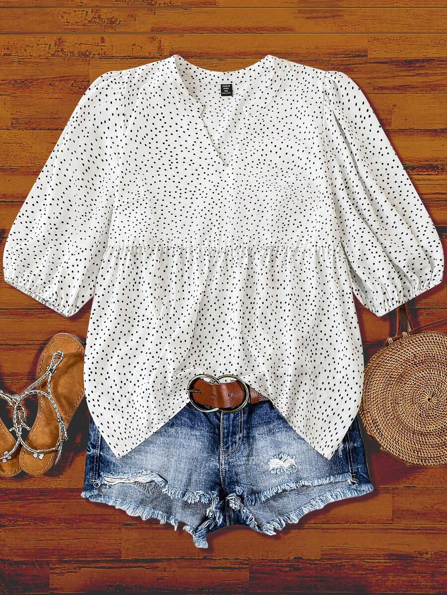 Linhara Áo cánh voan chấm bi in họa tiết chấm bi thanh lịch cổ chữ V rộng rãi xếp nếp cho kỳ nghỉ cỡ lớn dành cho nữ, mùa xuân/hè - trắng - Xem 1