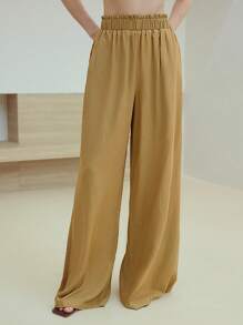 MOTF STUDIO 亚麻松紧腰阔腿裤 - 卡其色 - 查看 4