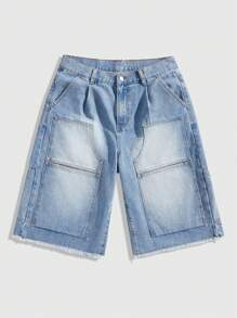 ROMWE MEN Men's Front Button Pocket Raw Hem Casual Simple Denim Shorts - Blue - View 1