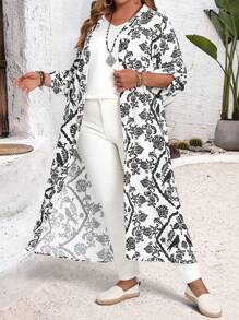 EMERY ROSE Áo khoác ngoài hở phía trước họa tiết hoa cỡ lớn cho nữ tay lỡ - Đen và trắng - Xem 1