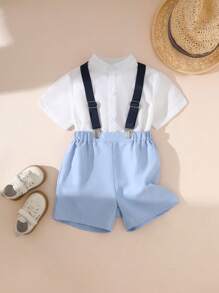 SHEIN Toddler Boys' Gentleman Style Short Sleeve Shirt + Bib Shorts Set, Casual For Spring & Summer