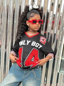 SHEIN Tween Girls' Casual Street Style Sports Letter & Number Print Mesh T-Shirt, Spring/Summer - Black - View 4