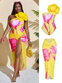 Slaydiva Women's 3D Floral Print Swimwear With Skirt Set, Vacation Wear - Multicolor - View 1