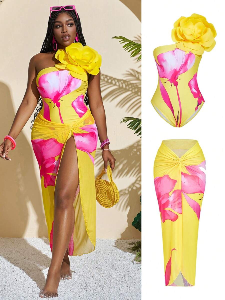 Slaydiva Women's 3D Floral Print Swimwear With Skirt Set, Vacation Wear - Multicolor - View 1