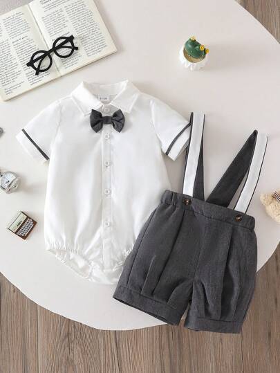 Souflis Souflis 2pcs/Set Baby Boys Gentleman Outfit, Including 1pc White Collar Bowknot Snap-Up Short Sleeve Bodysuit And 1pc Adjustable Suspender Elastic Waist Shorts, Suitable For Formal Occasions Like Festival Parties, Evenings, Weddings, Christenings, Ceremonies, Birthdays, For 3 Months To 2 Years Old Boys