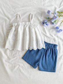 SHEIN 2pcs/Set Girls Summer Hollow Out Camisole Top + Shorts Set, Baby Girl Fresh & Fashionable Outfit Suitable For Outdoor Wear - Multicolor - View 3