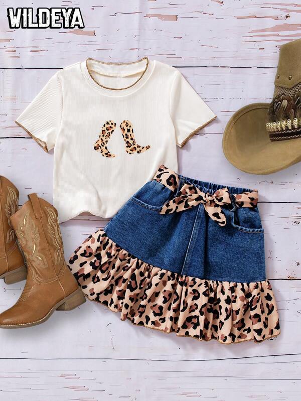 WESTFADE Young Conjunto primavera/verano 2025 para niña: Camiseta texturizada con estampado de botas occidentales y flores + Pantalones cortos efecto denim, con cinturón decorativo, estilo casual para uso al aire libre y reuniones sociales, perfecto para sesión de fotos de influencers