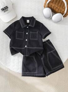 2pcs/Set Baby Boy/Girl Casual School Chic Oversized Top/Shirt With Elastic Waist Shorts Outfit, Suitable For Spring/Summer Indoor And Outdoor Wear