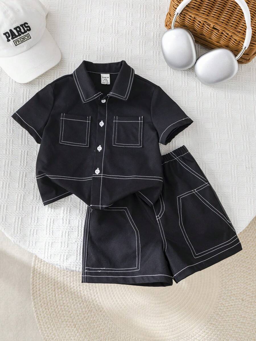 2pcs/Set Baby Boy/Girl Casual School Chic Oversized Top/Shirt With Elastic Waist Shorts Outfit, Suitable For Spring/Summer Indoor And Outdoor Wear