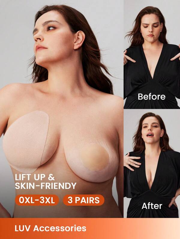 LUVLETTE Plus unsichtbares Brust-Lift-Band - 3 Paar klebende BH-Klebestreifen, nahtlose BH-Klebestreifen, hautfreundliches Band zum Hochheben und Formen für B-E Cups, Nippelabdeckungen