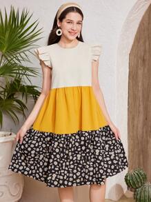 SHEIN Áo chui đầu đi nghỉ thường ngày cổ tròn mùa xuân và mùa hè cho bé gái tuổi teen có tay bồng, váy chữ A rộng rãi màu vàng kaki, váy đi biển, kỳ nghỉ bên bờ biển, váy đi nghỉ/phong cách Bohemia/Boho/quần short cho trang phục đi nghỉ hè/bãi biển - Nhiều màu - Xem 5