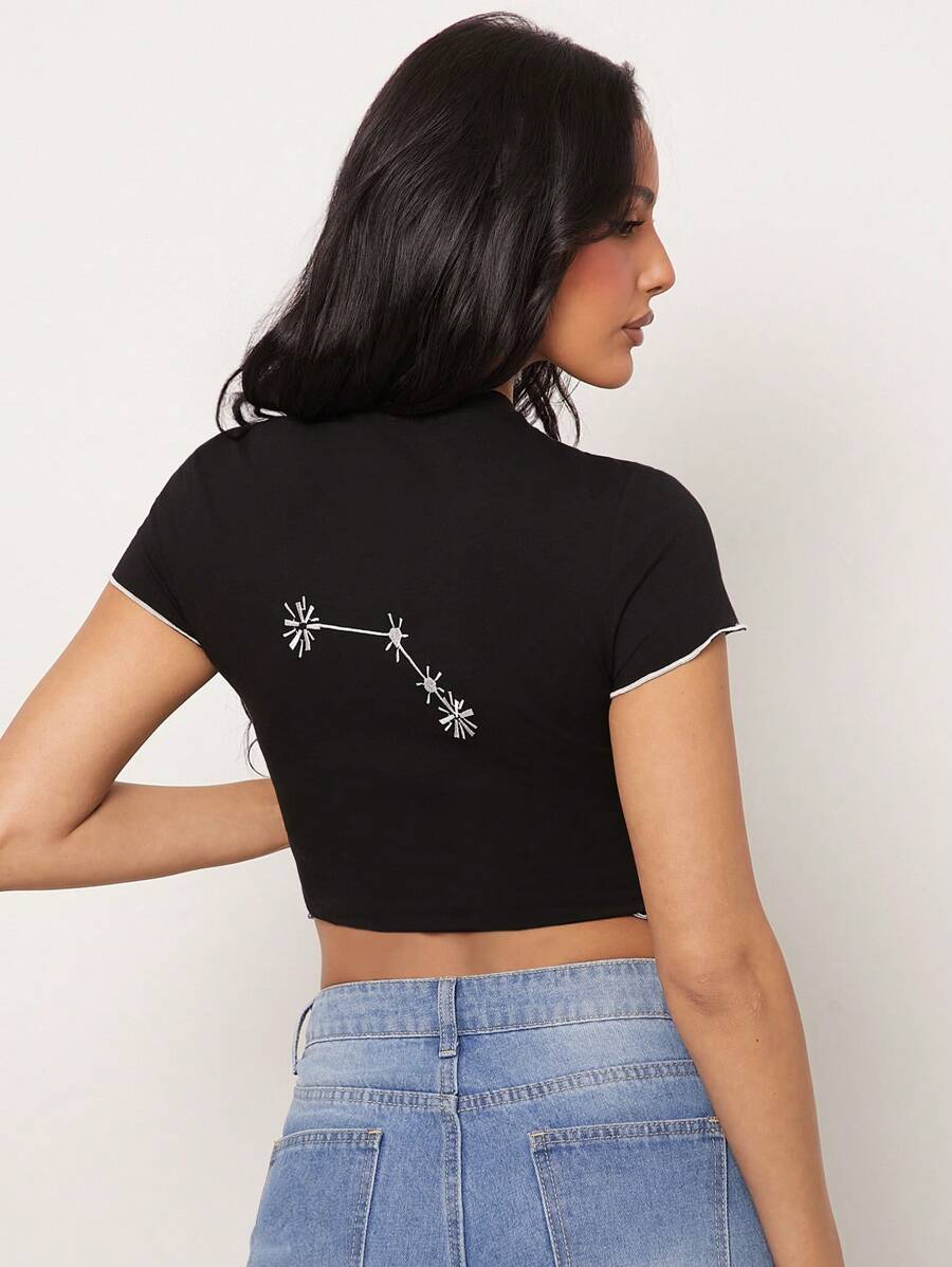 SHEIN Unity Top Pisces Embroidered Astrology Star Sign Everyday Casual Streetwear Lettuce Hem Birthday Gift Cotton Thanksgiving Christmas NYE New Years Eve Outfits For Women T Shirt