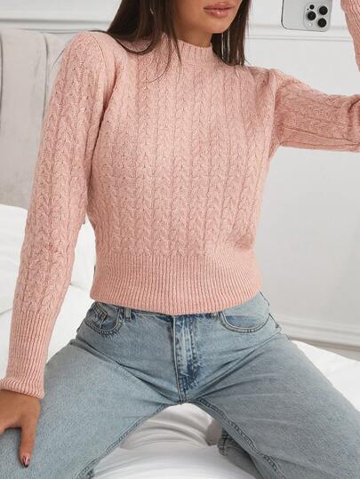 SHEIN Pullover da donna con collo rotondo, a tinta unita, a motivo a maglia a trecce