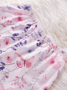 SHEIN 2pcs/Set Girl's Apricot Cherry Print Long Pants & Short Sleeve Casual Loose Homewear Set