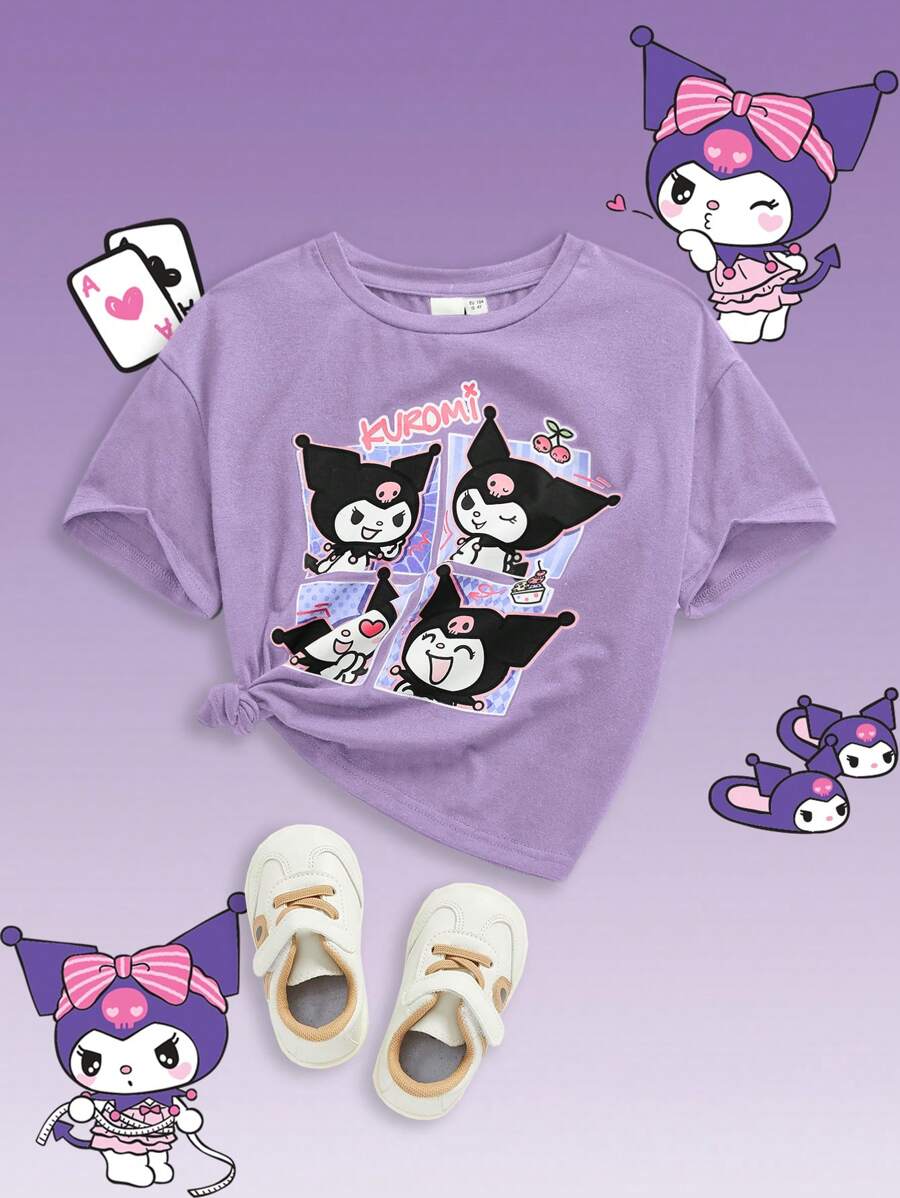 HELLO KITTY AND FRIENDS | SHEIN 年轻女孩卡通印花休闲百搭针织短袖 T 恤 - 紫色 - 查看 1