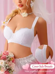Women's Lace Wedding Lingerie, Soft Comfortable Wide-Strap Padded Adjustable Support Bra With Underwire, 1pc - White - View 5