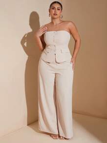 SHEIN Tall CURVE 大码女士优雅约会之夜纯色露肩连体裤套装，适合工作的夏季办公室服装，仙女/海妖风格 - 杏色 - 查看 6