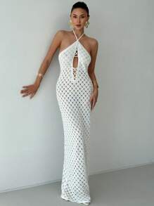 Aloruh New Summer Crochet Dress, Romantic Beach Resort Sexy Hollow Out Crochet Long Dress, Solid White Color Slim Fit Floor Length Beach Cover Up Dress - White - View 4