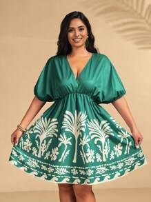 Breezaya 大码女式棕榈树印花蝙蝠袖休闲连衣裙