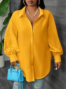 SHEIN CURVE+ Blusa de manga farol talla grande, primavera playa para mujer, vacaciones en la playa, esenciales de playa, graduación, fiesta de té - Amarillo - Ver 6