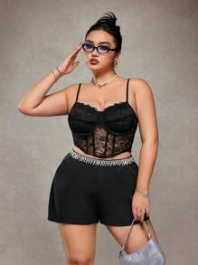 SHEIN ICON Plus Size High Waist Rhinestone Decorated Shorts With Pockets