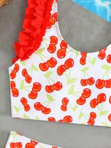 Tween Girl Cherry Print Ruched Flyaway Halter Bikini Set - Multicolor - View 5