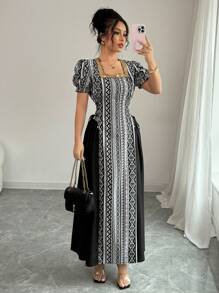 Breezaya Women Rectangular Neck Side Tie Waist A-Line Graceful Dress, Short Sleeve, Geometric Print, Lantern Sleeve, Arabic Style - Black - View 2