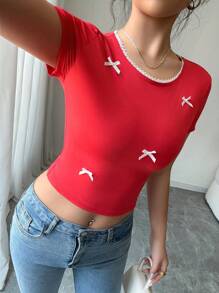 Chiquease Women's Short Sleeve Round Neck Bow Decor Simple Chic T-Shirt, Suitable For Summer - Red - View 6