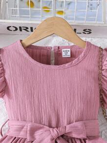SHEIN Elladie kids 年轻女孩舒适休闲荷叶边下摆连衣裙（配腰带），夏季 - 粉色 - 查看 3